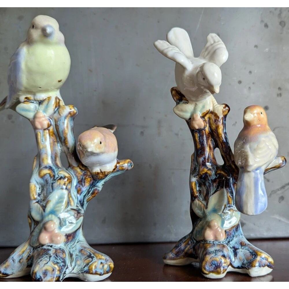 Antique Shiwan Ware Chinese Majolica Birds Tree Figurine Pair Art Pottery Bird